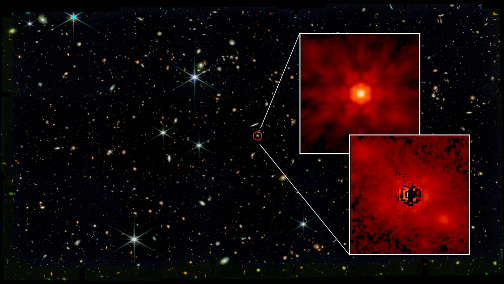 The image shows a vast universe filled with galaxies and stars. A red circle highlights a tiny quasar, which is then expanded into two insets. One shows the glowing red black hole, and the second shows a pixelated version with black and red areas.